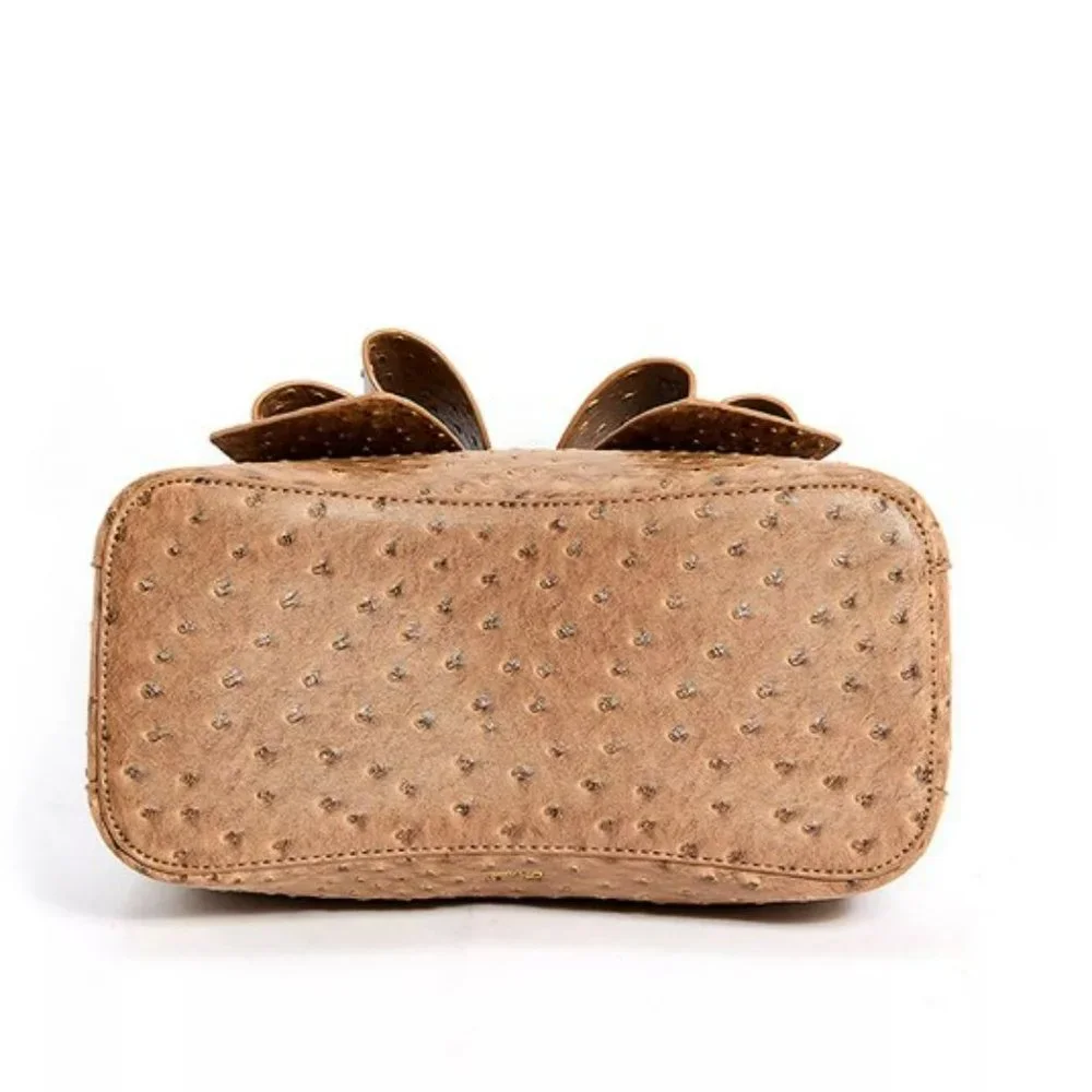 NEW!!! 3D Bow Vegan Leather 3-Way Wear Ostrich Beige Satchel, Crossbody Shoulder - Picture 5 of 13